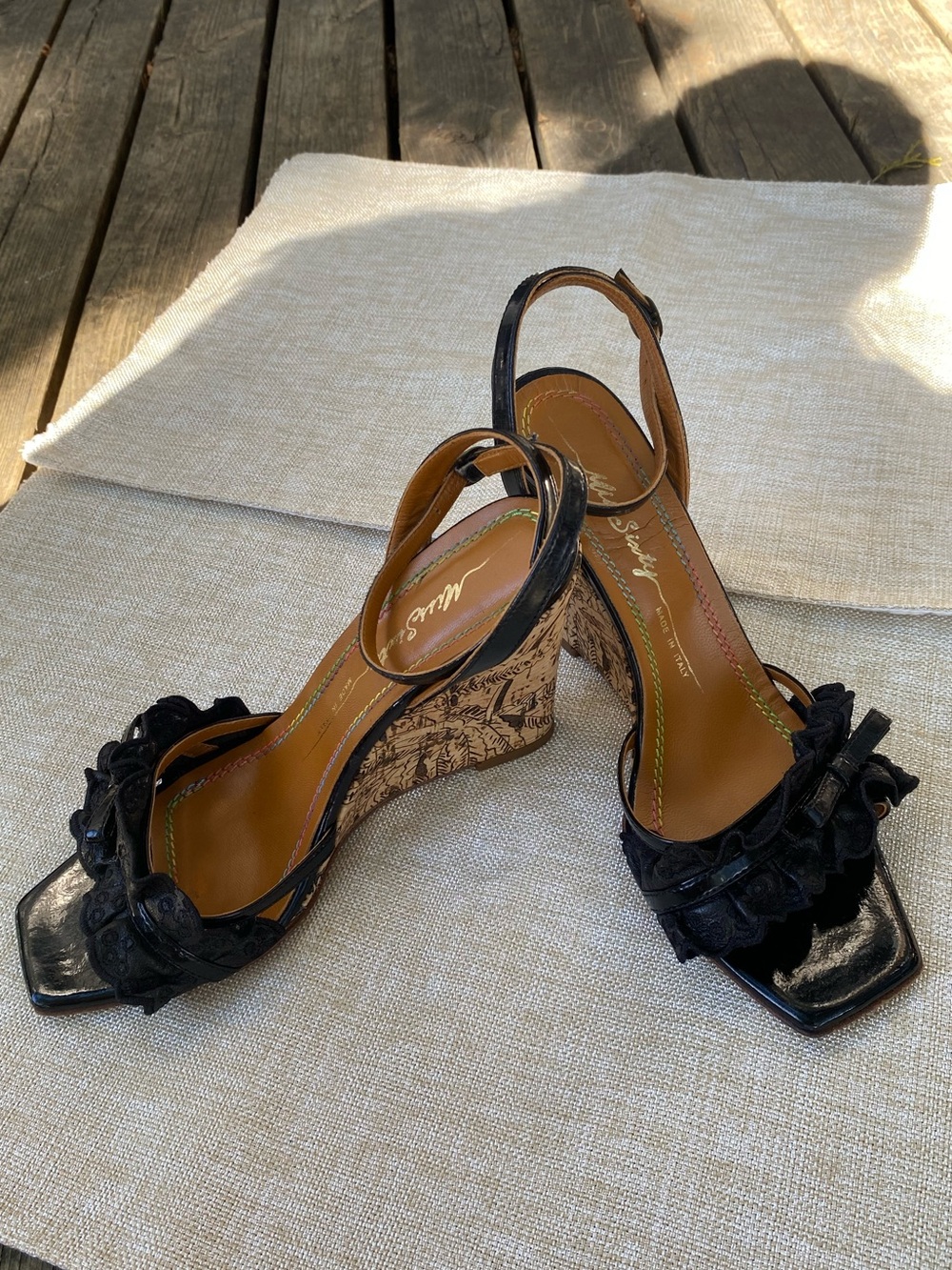 Y2K Miss Sixty Black Ruffle Slingback Wedge Sandals Size 38 Leather Ruffle